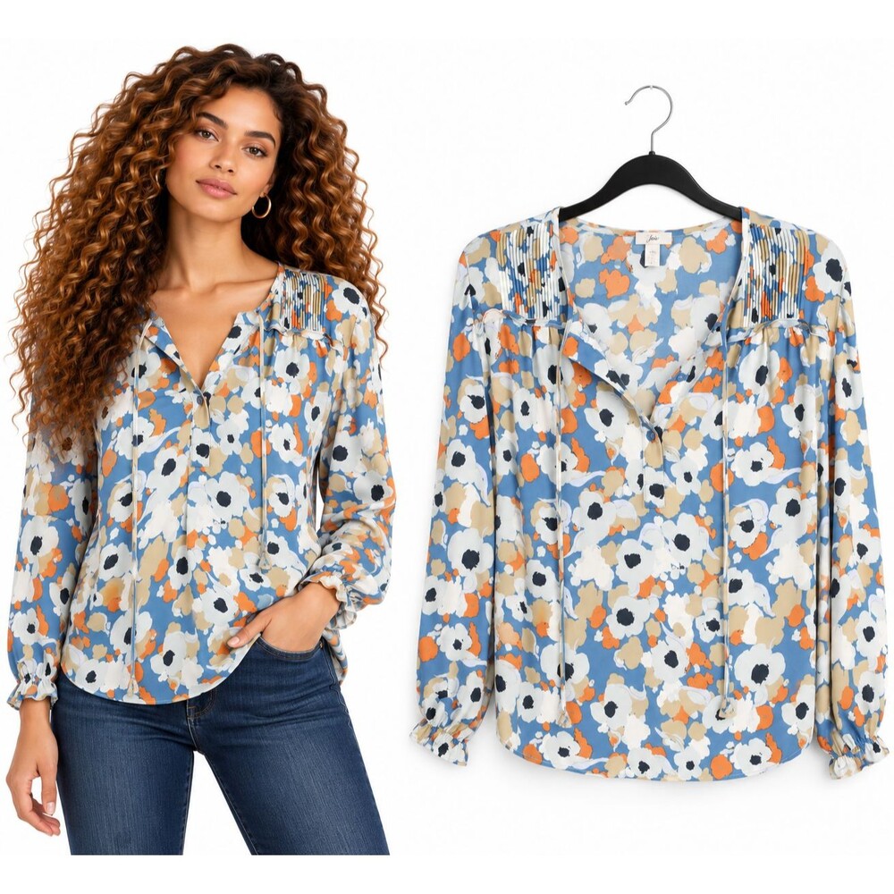 Joie Blouse Top Size Medium Blue Orange Floral Long Sleeve Boho Peasant Top